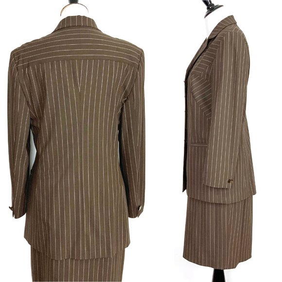 ESCADA Pinstripe Brown Wool Suit Blazer & Skirt Career Business Sz 42-44 (8-10) - Picture 3 of 16